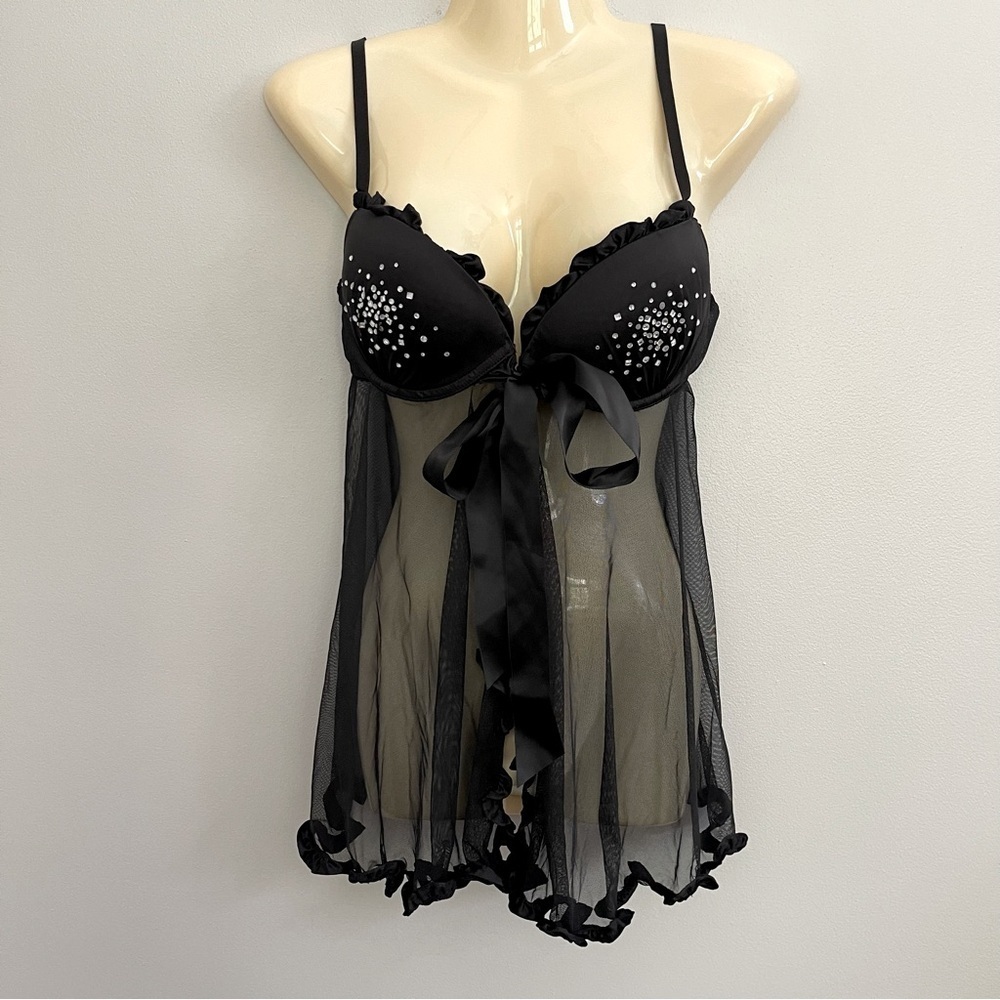 Victoria’s Secret Elegant Black Sheer Babydoll Lingerie 36C Rhinestones